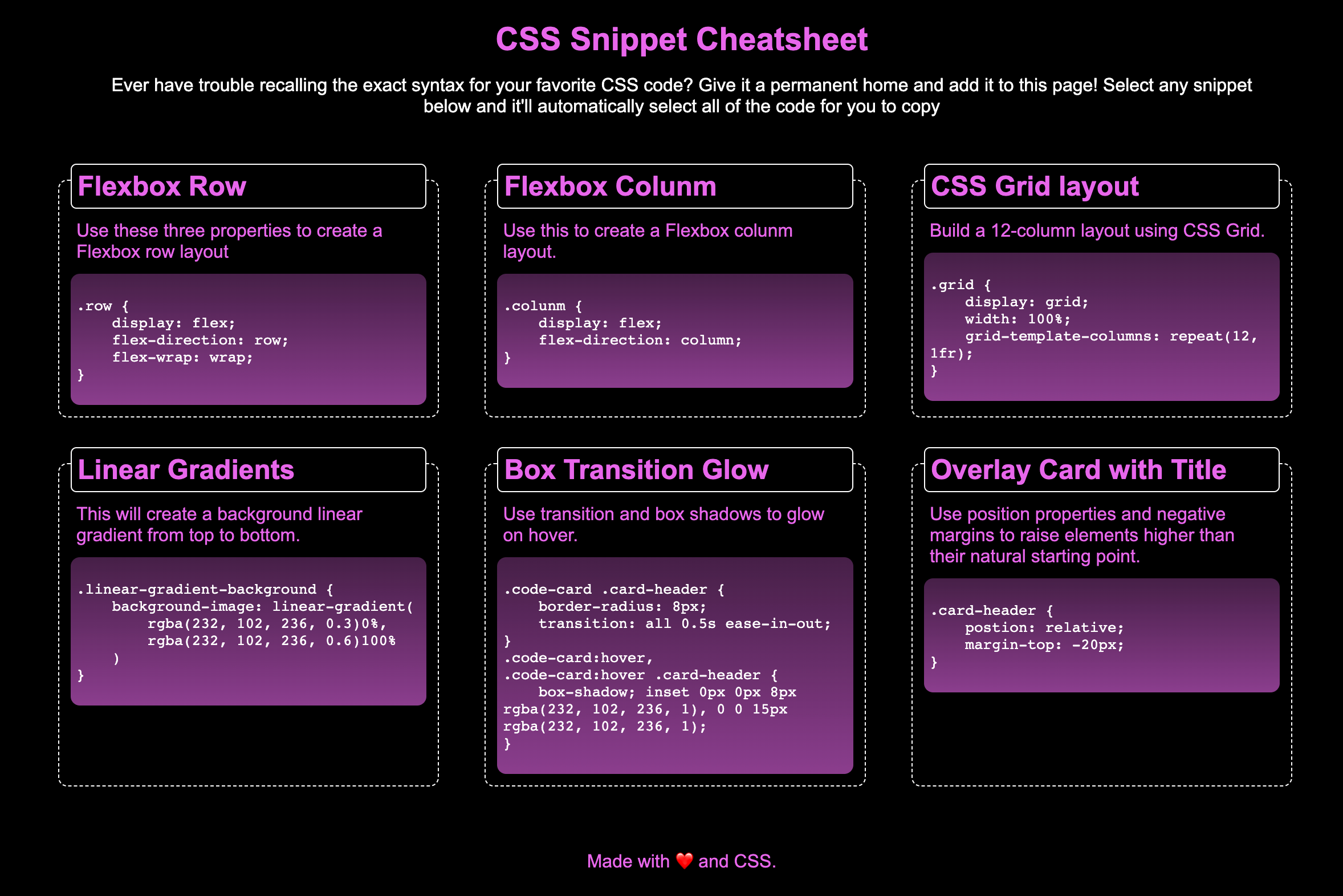 snippet cheatsheet